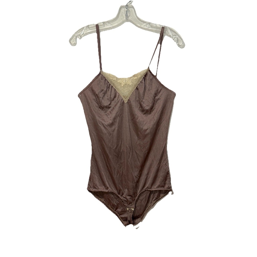Vintage 80s One Piece Lingerie Cami Bodysuit Lace Trim Sz SM/MED Taupe Brown